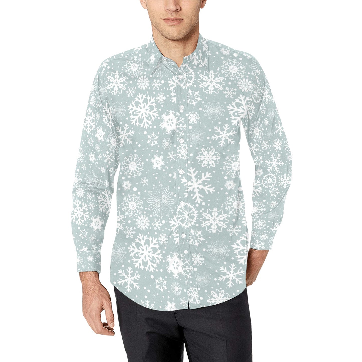 Snowflake Print Design LKS303 Men's Long Sleeve Dress Shirt