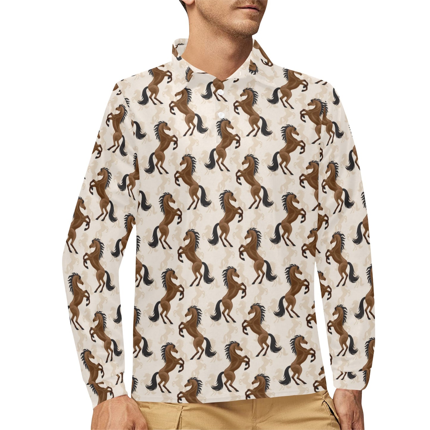 Horse Print Design LKS308 Long Sleeve Polo Shirt For Men's
