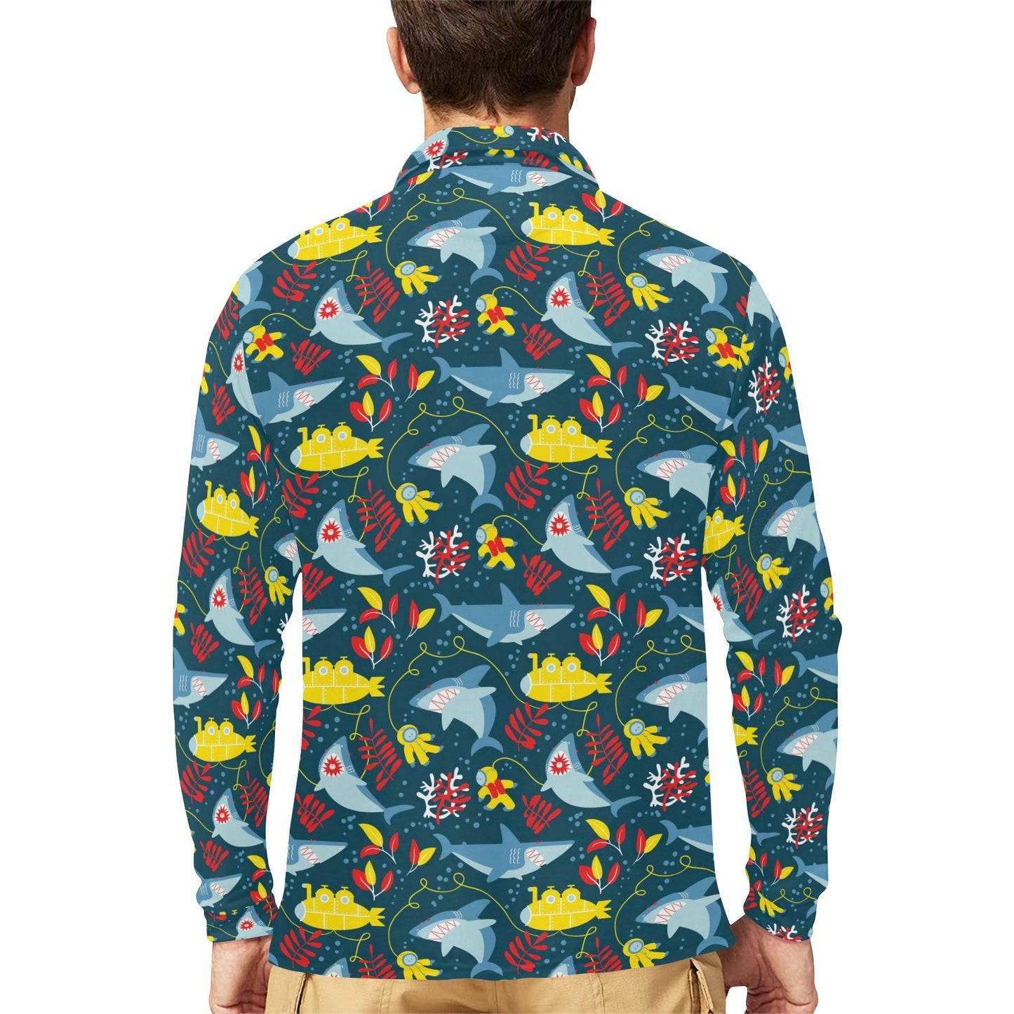 Scuba With Sharks Print Design LKS303 Long Sleeve Polo Shirt For Men's
