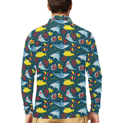 Scuba With Sharks Print Design LKS303 Long Sleeve Polo Shirt For Men's