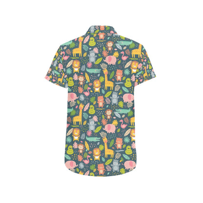 Safari Animal Cartoon Print Design LKS305 Men Short Sleeve Button Up Shirt