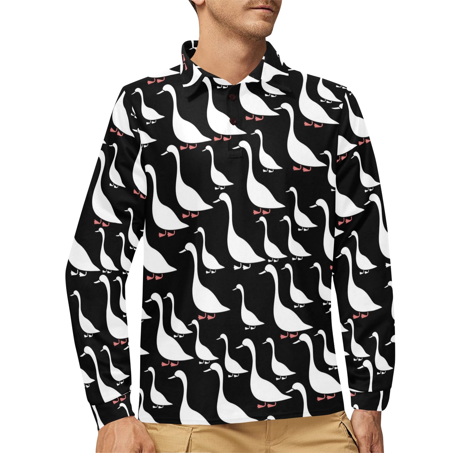Goose Pattern Print Design 01 Long Sleeve Polo Shirt For Men's