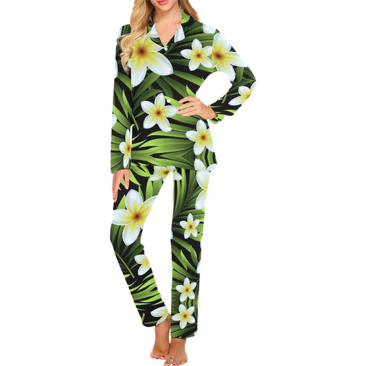 White Plumeria Pattern Print Design PM06 Women's Long Pajama Set