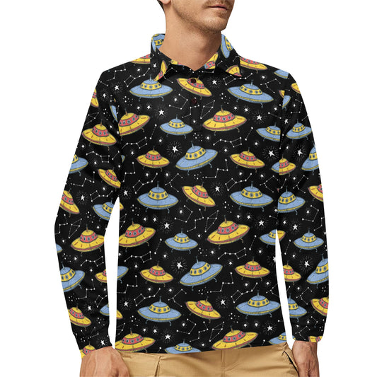 UFO Print Design LKS307 Long Sleeve Polo Shirt For Men's