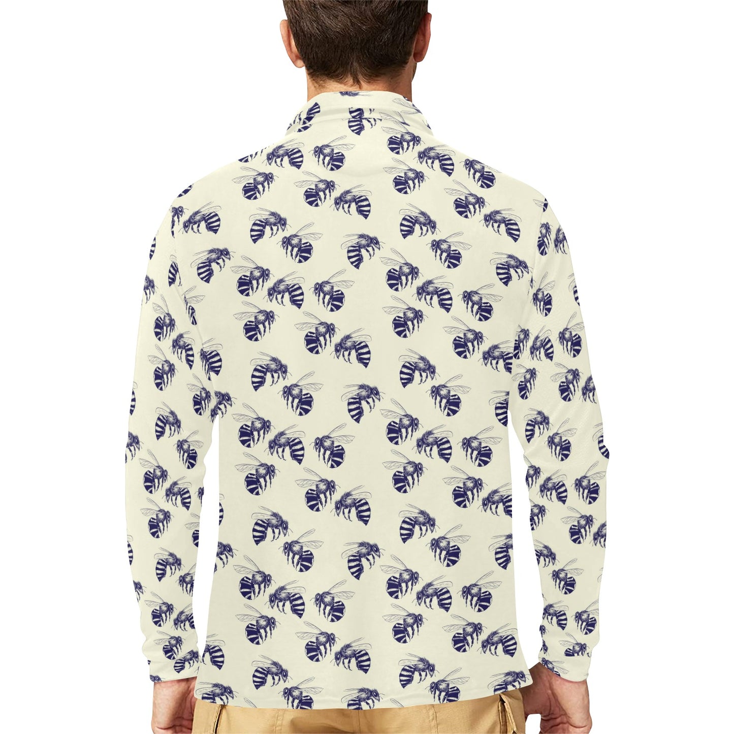 Bee Pattern Print Design 02 Long Sleeve Polo Shirt For Men's