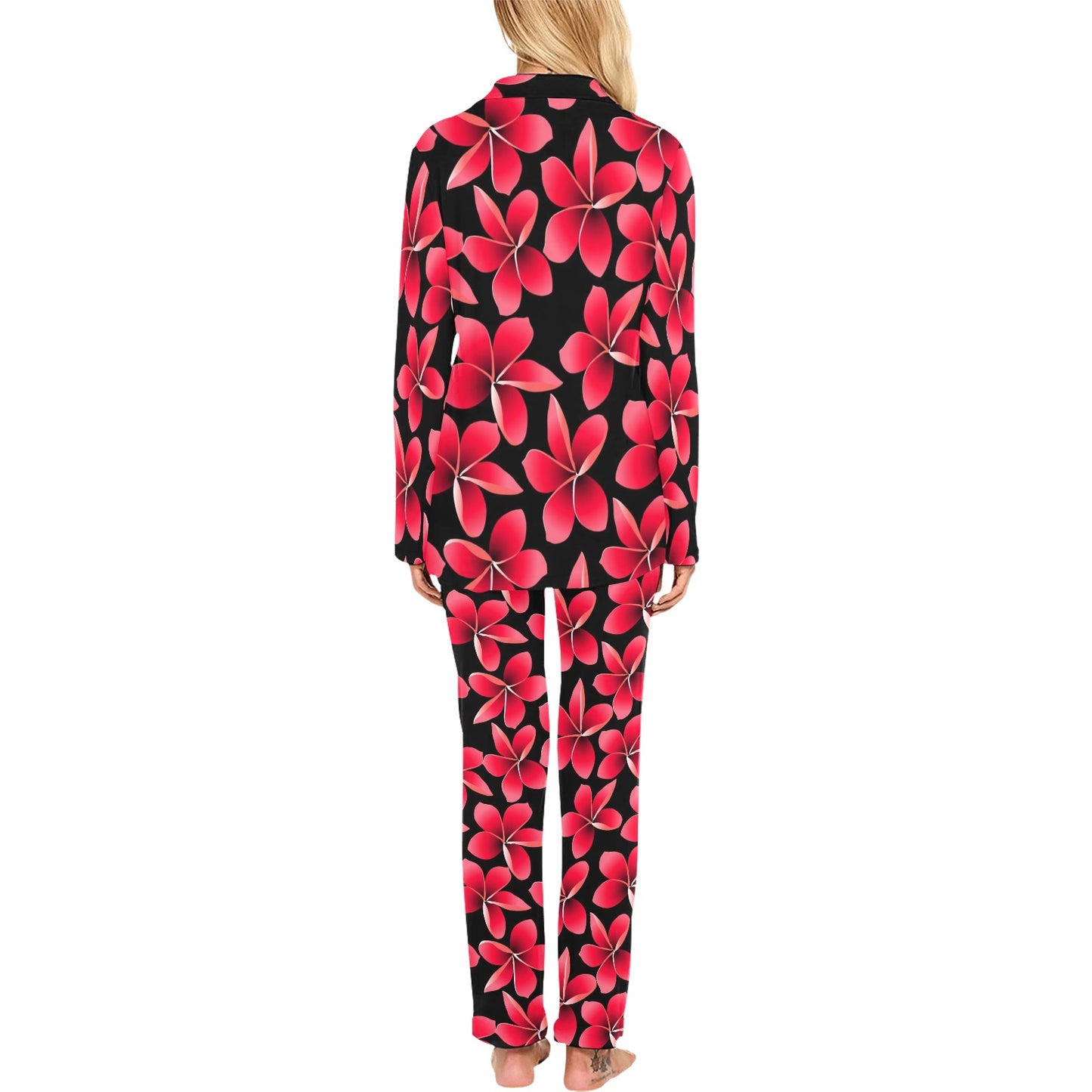 Red Plumeria Pattern Print Design PM025 Women's Long Pajama Set