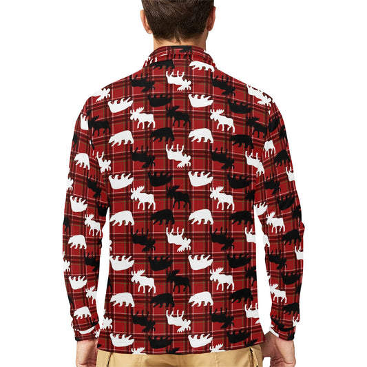 Moose Print Design LKS401 Long Sleeve Polo Shirt For Men's