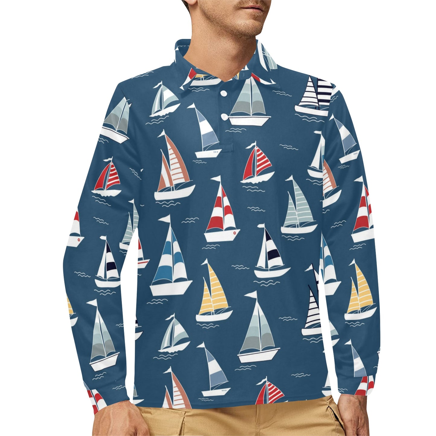 Sailing Ships Pattern Print Design A04 Long Sleeve Polo Shirt For Men's