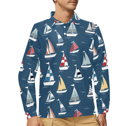 Sailing Ships Pattern Print Design A04 Long Sleeve Polo Shirt For Men's