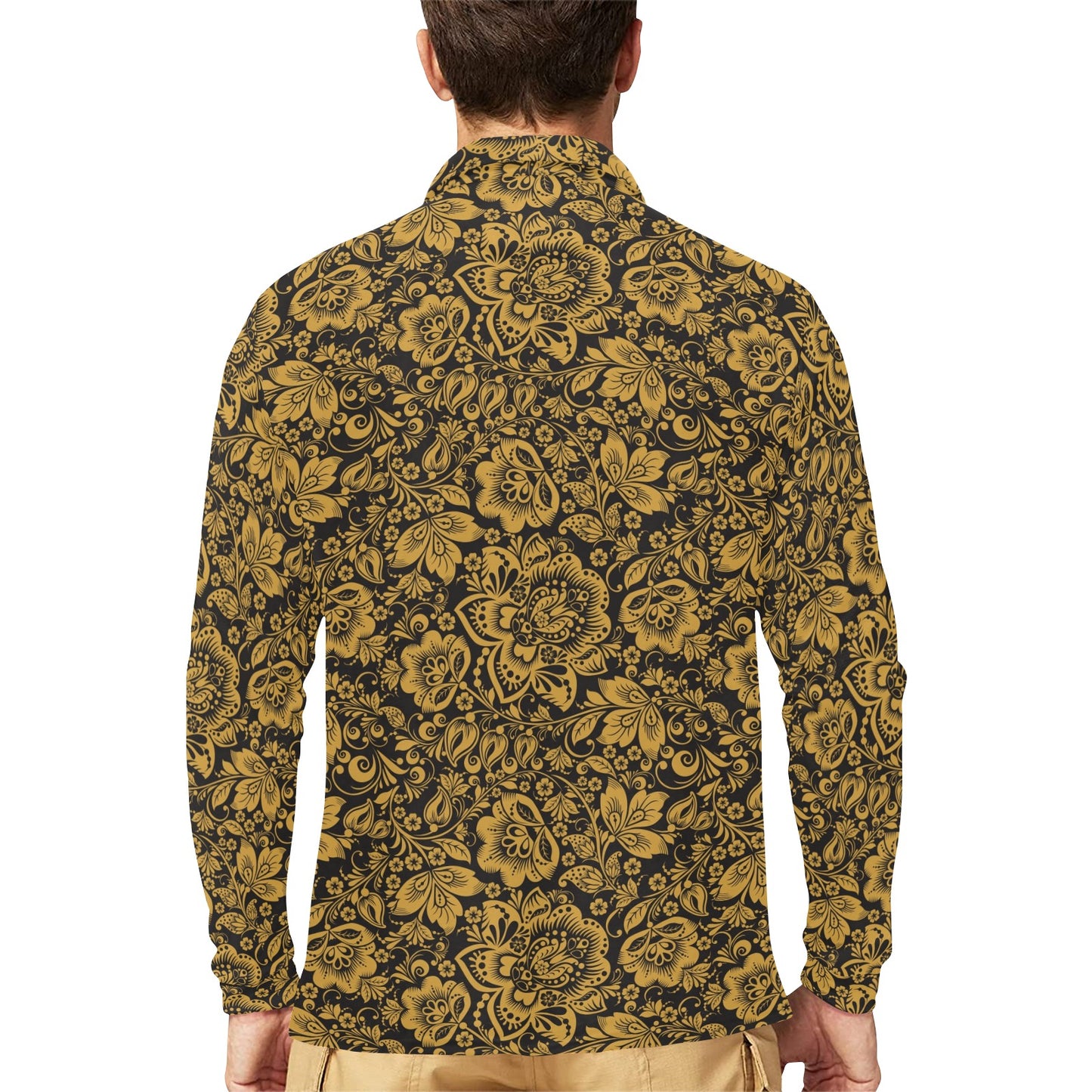 Brocade Gold Pattern Print Design 01 Long Sleeve Polo Shirt For Men's
