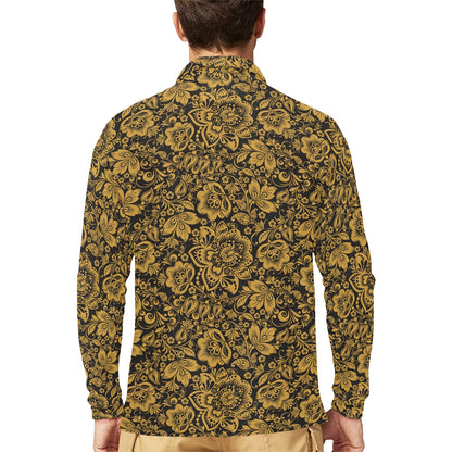 Brocade Gold Pattern Print Design 01 Long Sleeve Polo Shirt For Men's