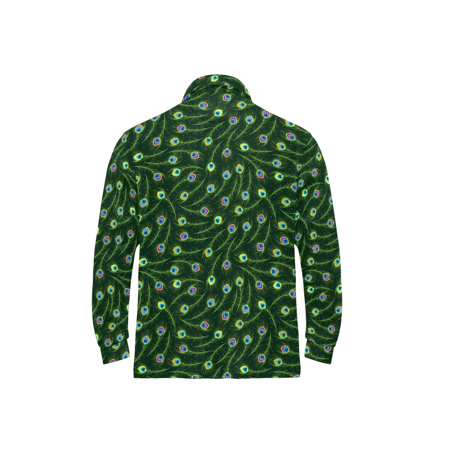 Peacock Feather Green Design Print Long Sleeve Polo Shirt For Men's