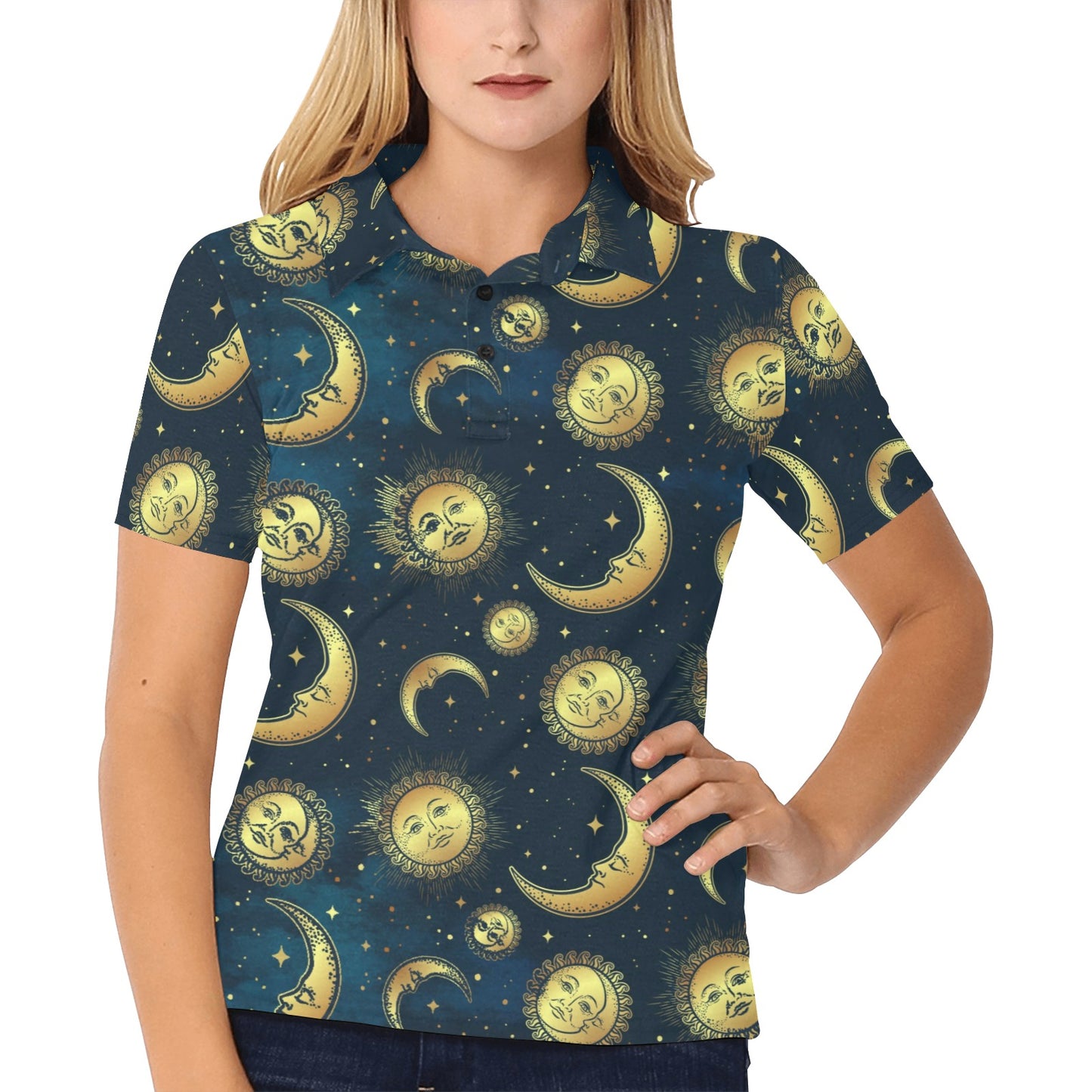 Gold Sun Moon Face Women's Polo Shirt