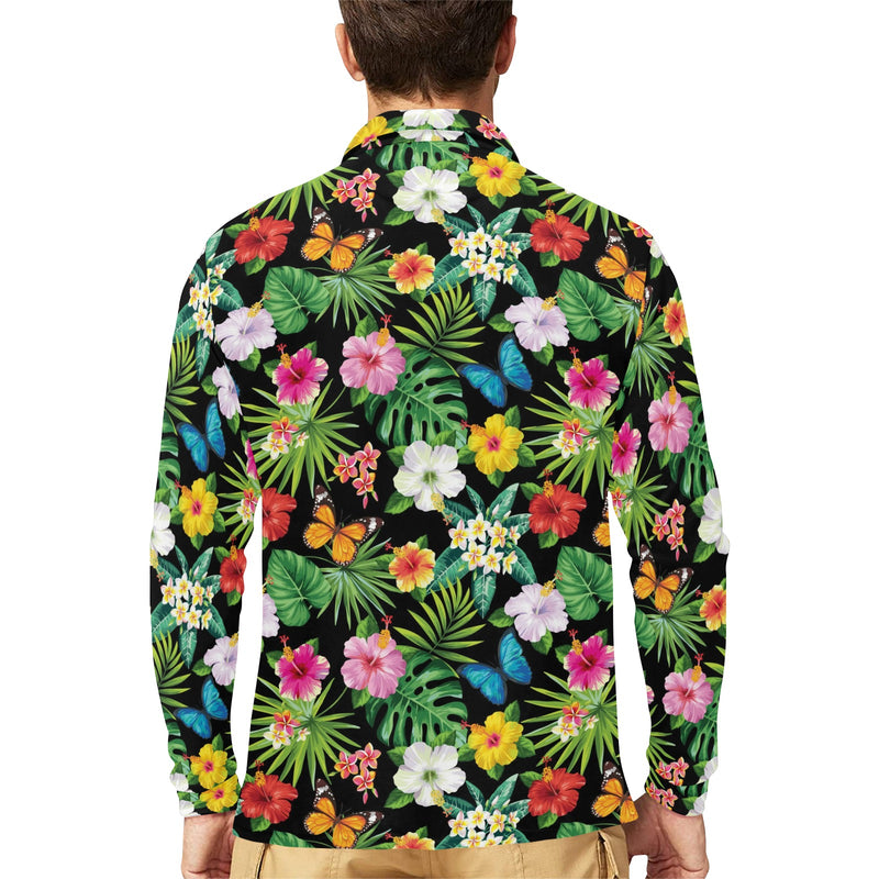Hibiscus With Butterfly Print Design LKS305 Long Sleeve Polo Shirt For Men's
