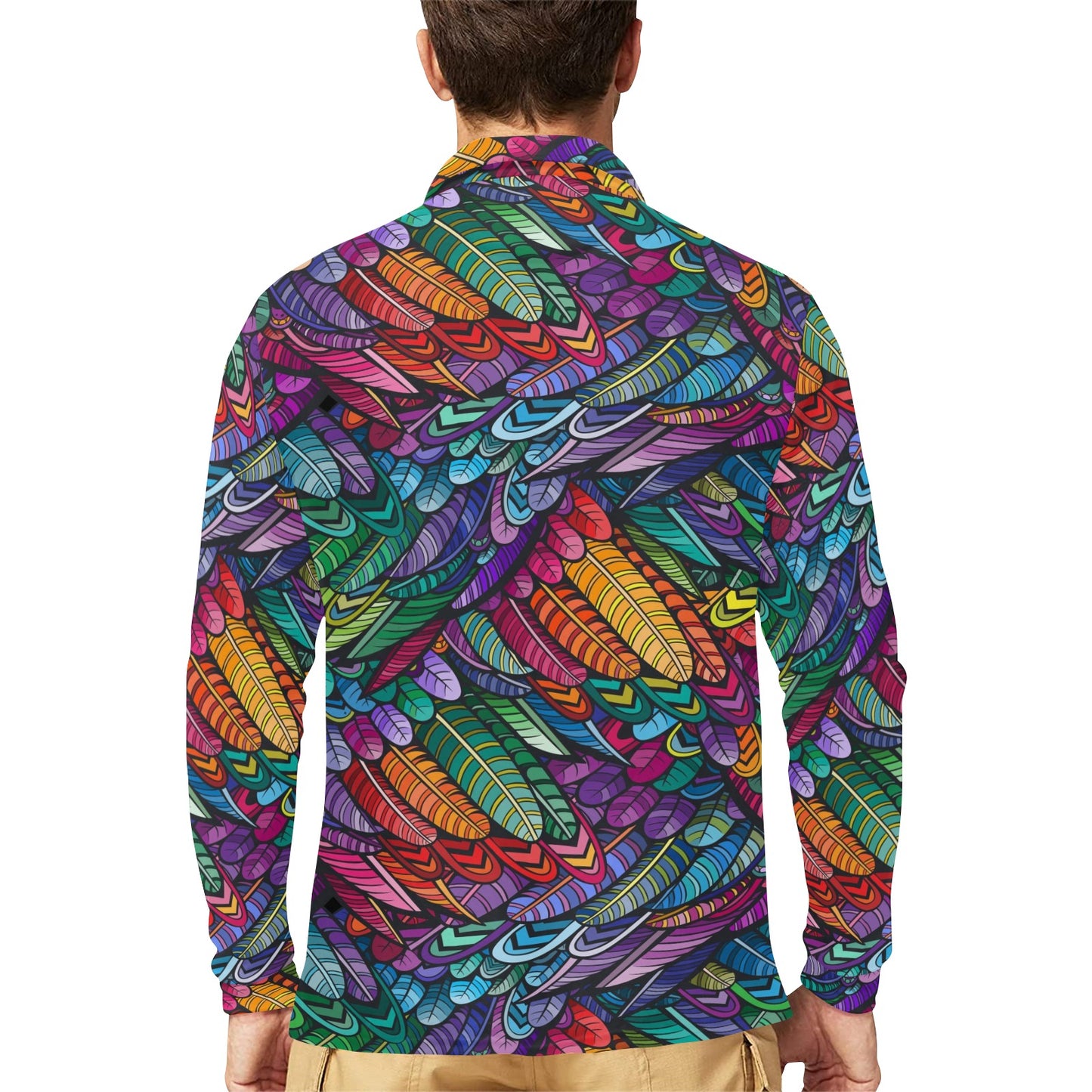 Feather Multicolor Design Print Long Sleeve Polo Shirt For Men's