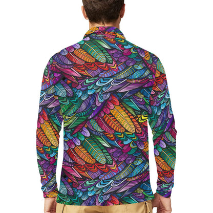 Feather Multicolor Design Print Long Sleeve Polo Shirt For Men's