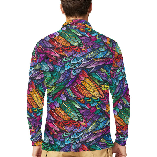 Feather Multicolor Design Print Long Sleeve Polo Shirt For Men's