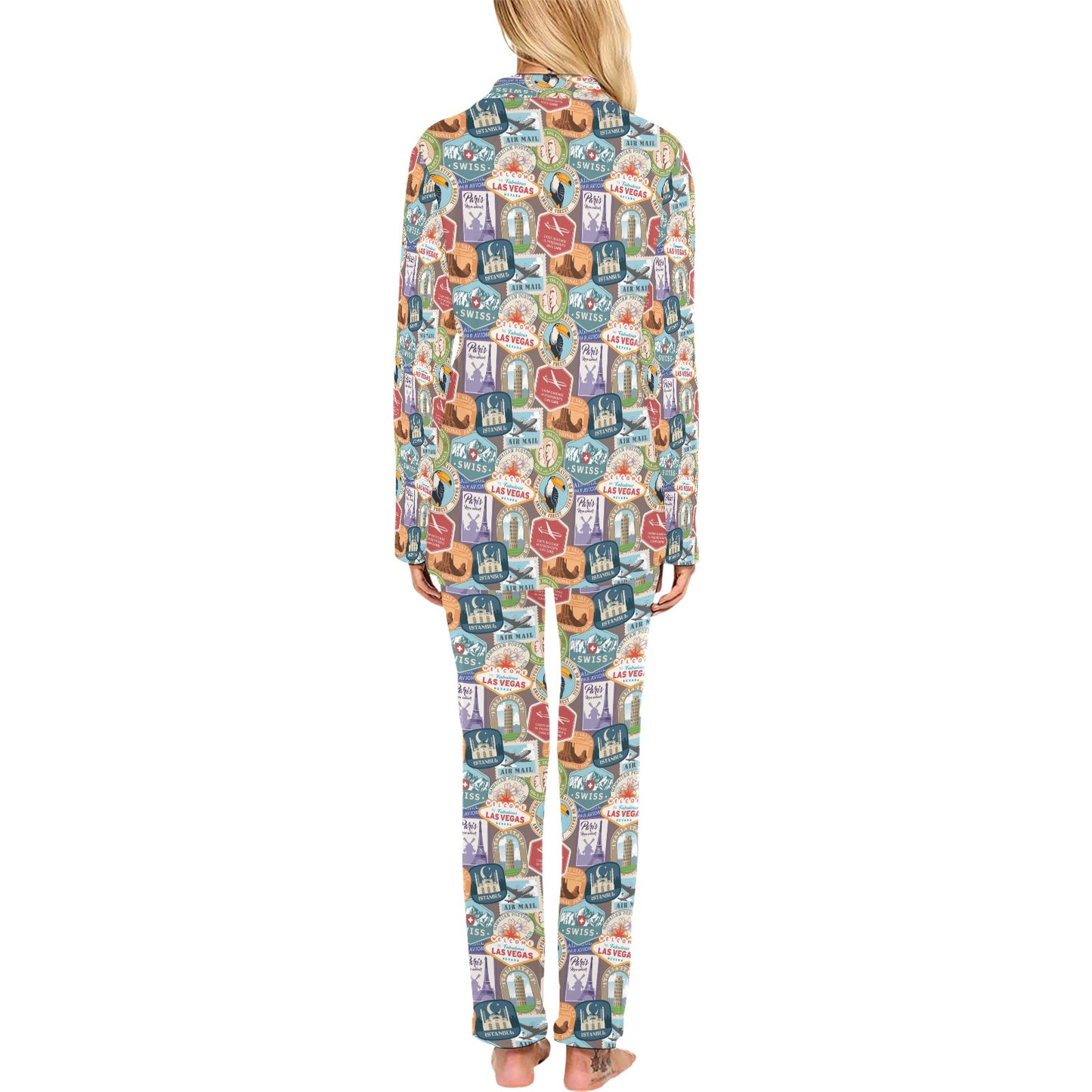 Travel Stamp Print Design LKS301 Women's Long Pajama Set