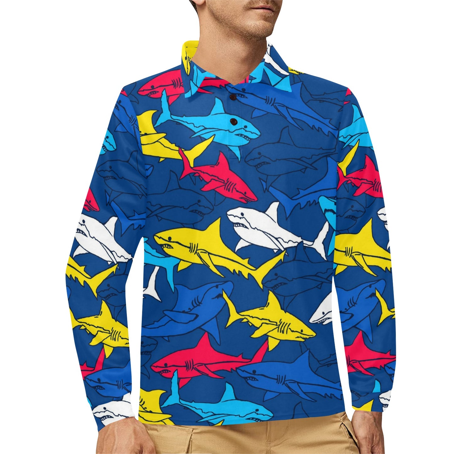 Shark Color Pattern Long Sleeve Polo Shirt For Men's
