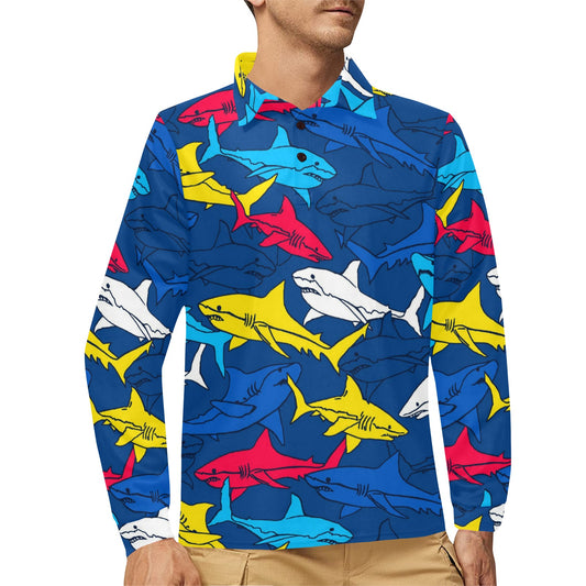 Shark Color Pattern Long Sleeve Polo Shirt For Men's