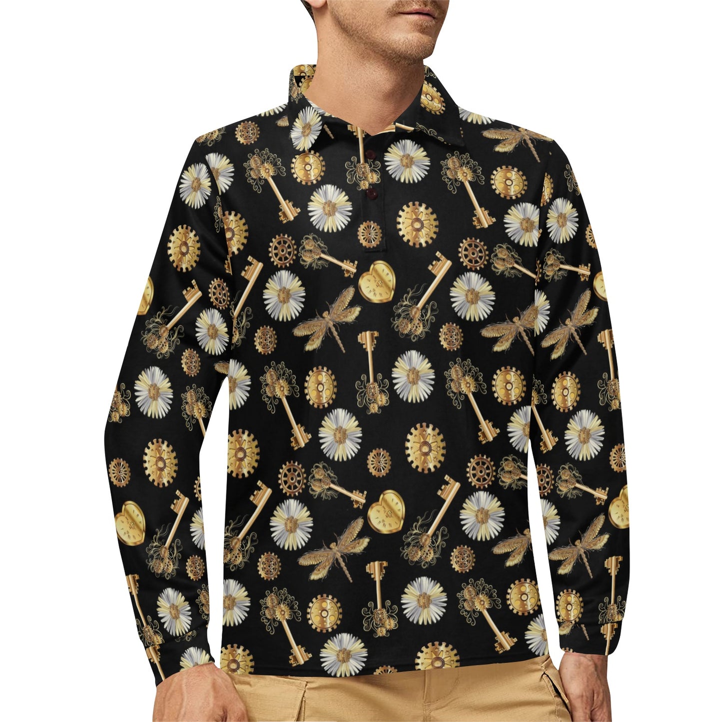 Steampunk Dragonfly Design Themed Print Long Sleeve Polo Shirt For Men's