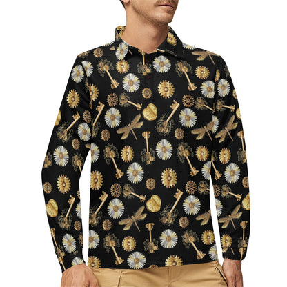 Steampunk Dragonfly Design Themed Print Long Sleeve Polo Shirt For Men's
