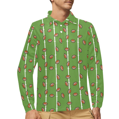 American Football on Field Themed Print Long Sleeve Polo Shirt For Men's