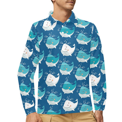 Blue Whale Pattern Print Design 01 Long Sleeve Polo Shirt For Men's