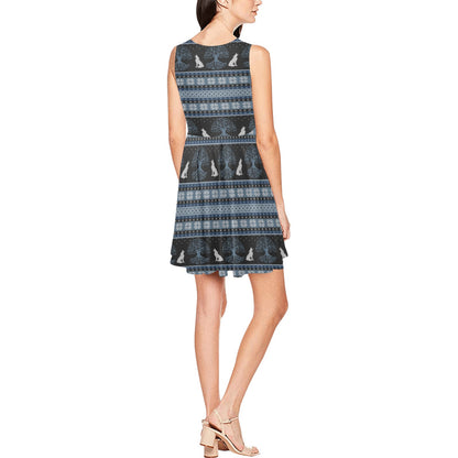 Wolf Tree of Life Knit Design Print Sleeveless Dress