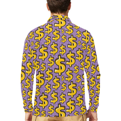 Dollar Pattern Print Design DO01 Long Sleeve Polo Shirt For Men's