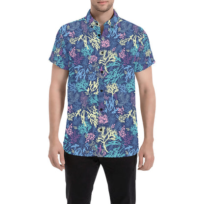 Seaweed Print Design LKS301 Men Short Sleeve Button Up Shirt