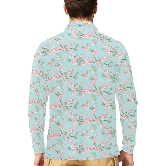 Cherry Blossom Pattern Print Design 02 Long Sleeve Polo Shirt For Men's