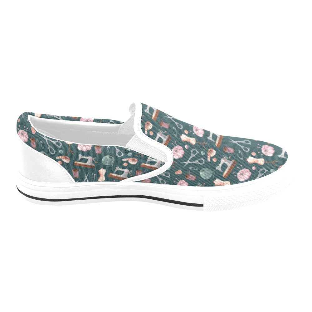 Sewing Equipment Print Design LKS307 White Slip Ons Canvas Women's Shoes