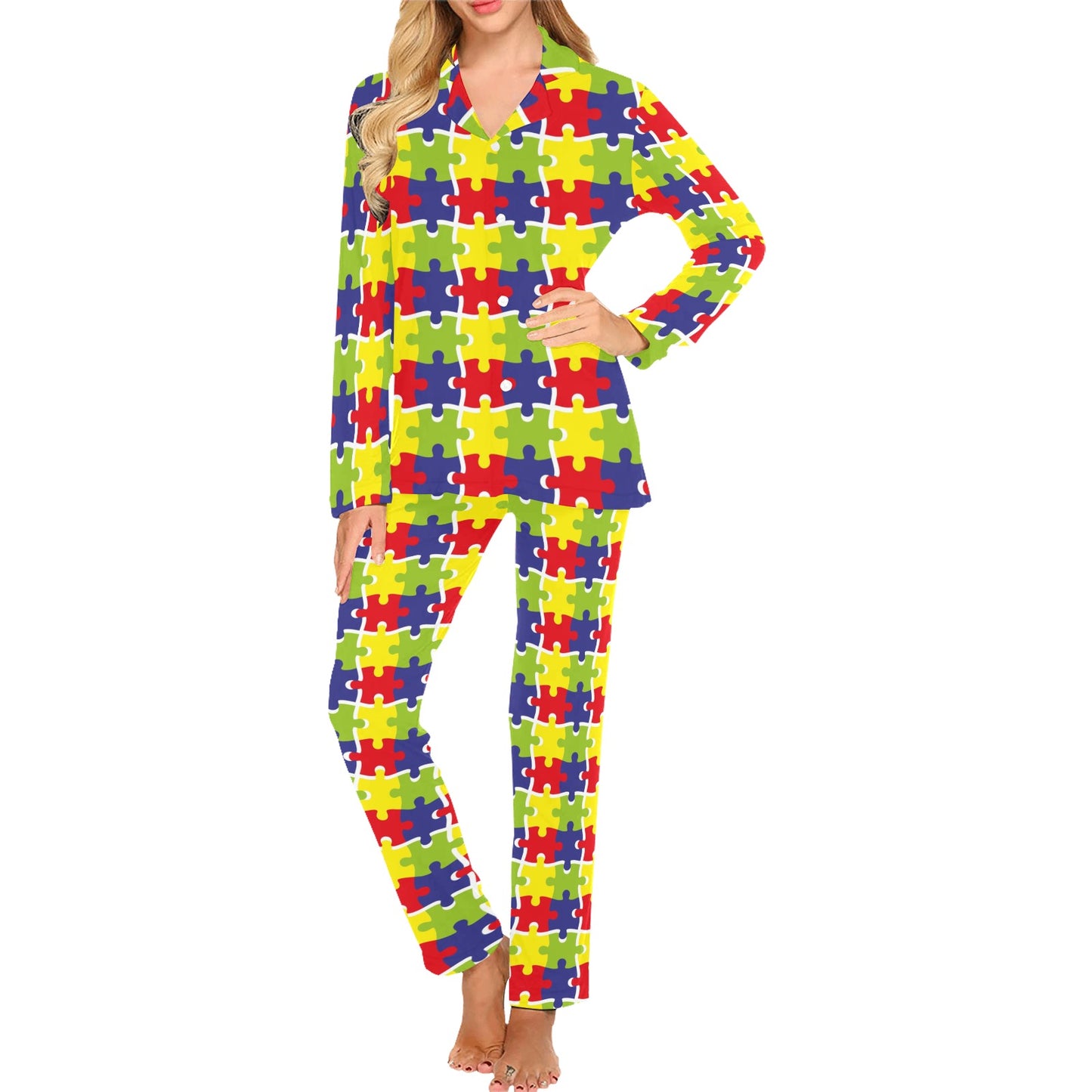 Autism Awareness Pattern Print Design 03 Women's Long Pajama Set