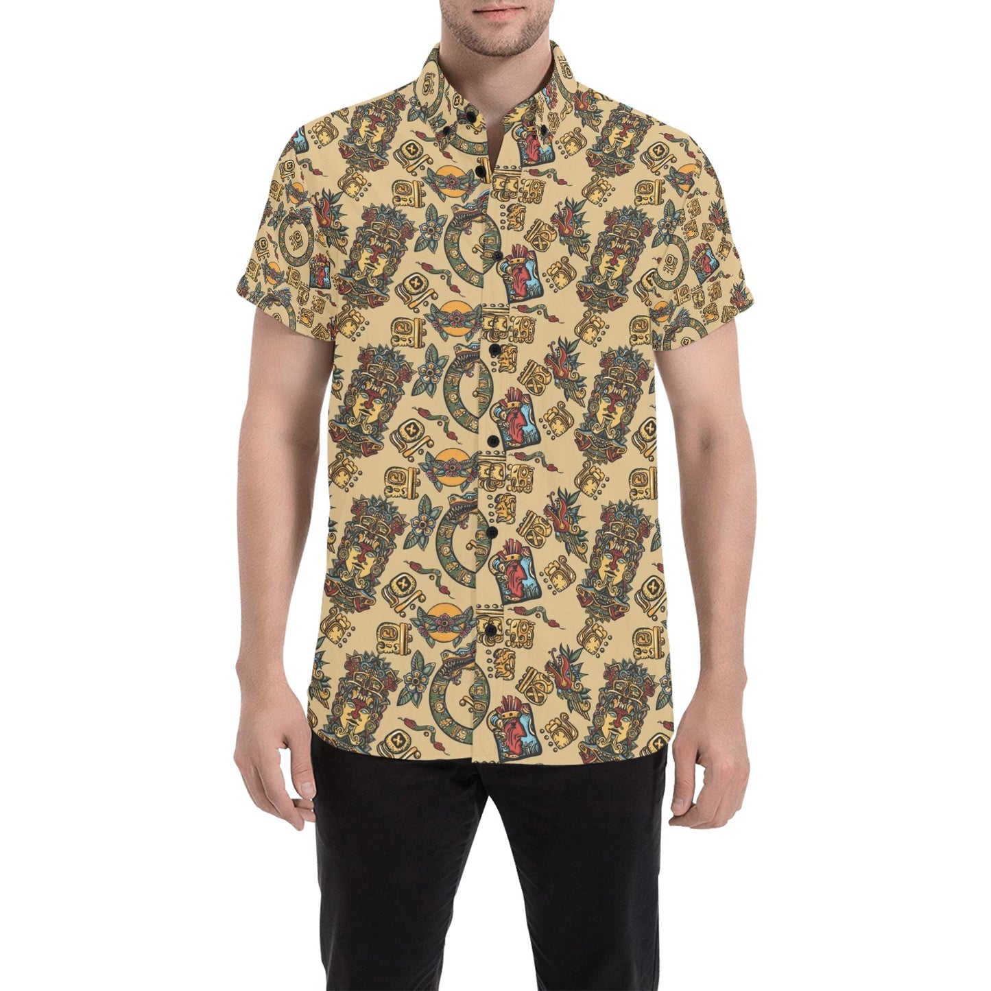Totem Print Design LKS305 Men Short Sleeve Button Up Shirt