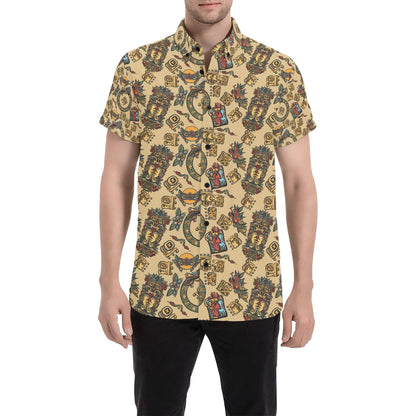 Totem Print Design LKS305 Men Short Sleeve Button Up Shirt