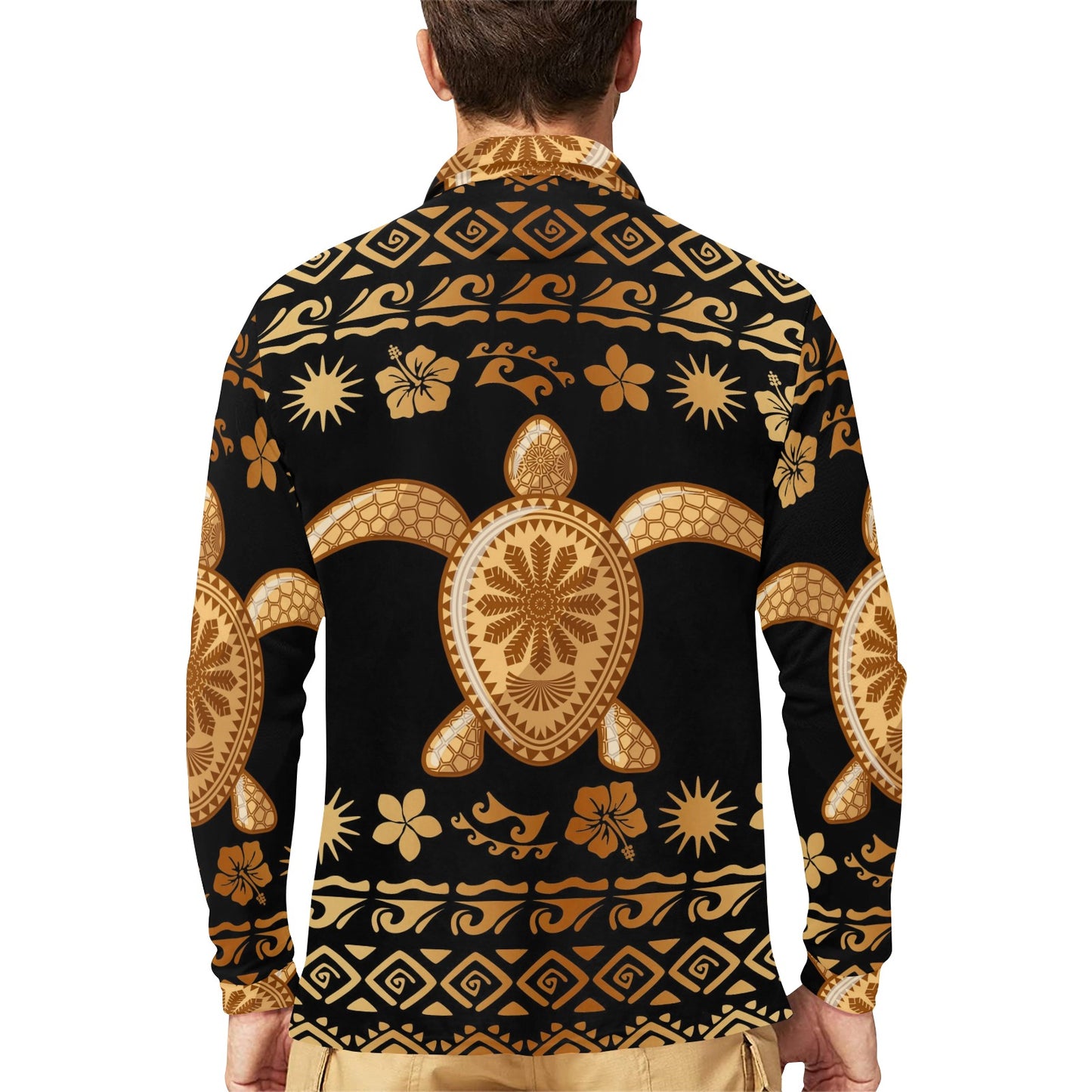 Tribal Sea turtle Polynesian Hawaiian Long Sleeve Polo Shirt For Men's