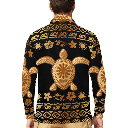 Tribal Sea turtle Polynesian Hawaiian Long Sleeve Polo Shirt For Men's