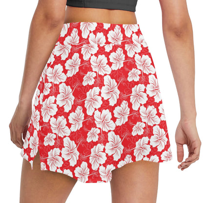 Flower Hawaiian Hibiscus Red Background Print 17" Golf & Pickleball Skort with Pockets