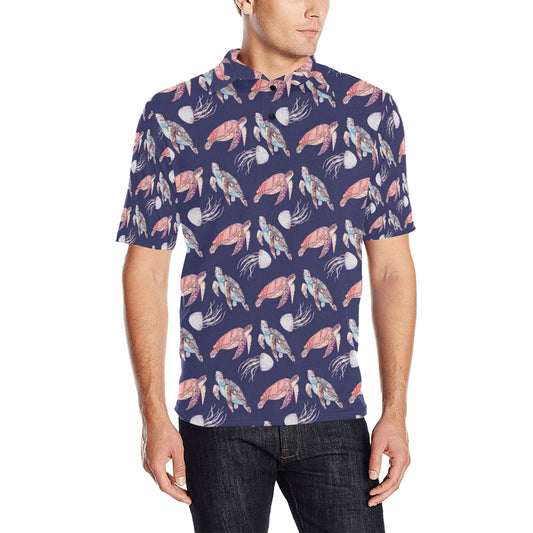 Sea Turtle With Jelly Fish Print Design LKS301 Men Polo Shirt
