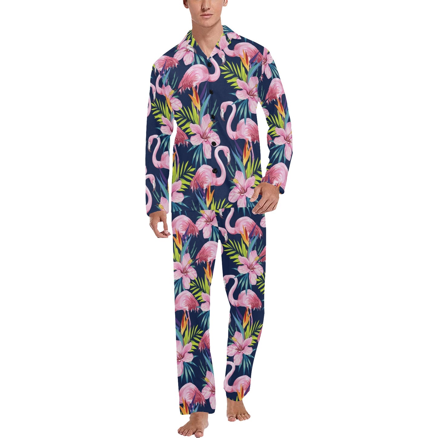 Flamingo Hibiscus Print Men's Long Pajama Set