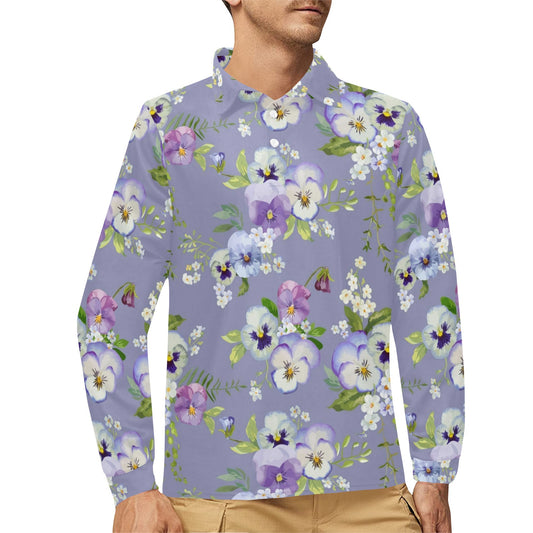Pansy Pattern Print Design PS05 Long Sleeve Polo Shirt For Men's