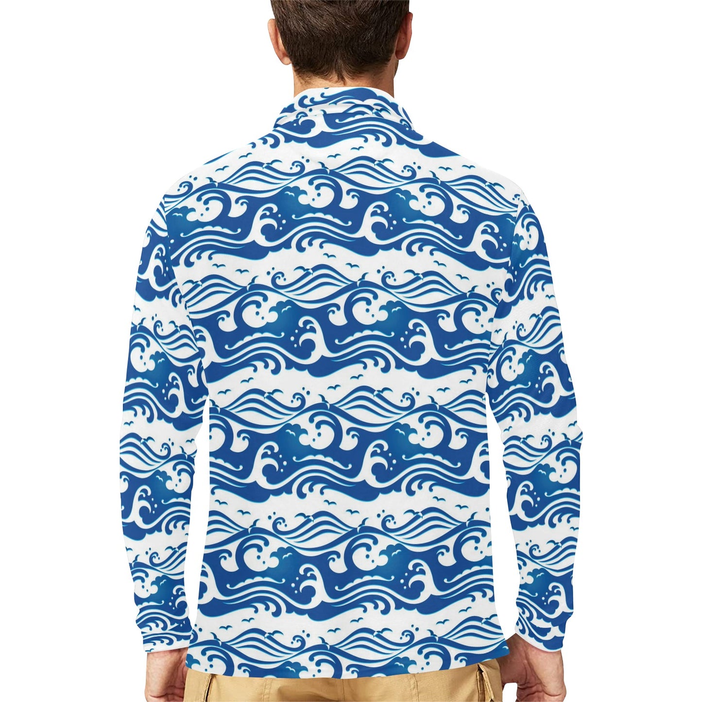 Wave Print Design LKS303 Long Sleeve Polo Shirt For Men's