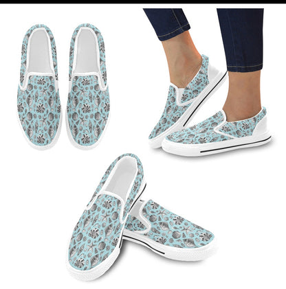 Seashell Beach Print Design LKS302 White Slip Ons Canvas Women's Shoes