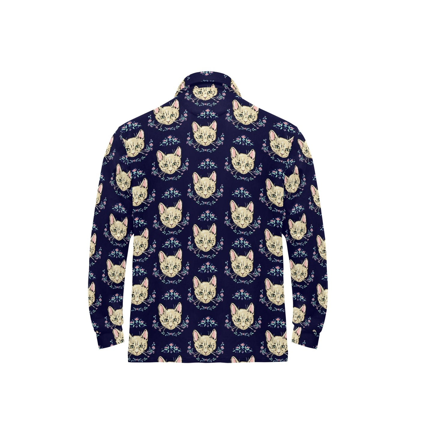 Cat Head with flower Print Pattern Long Sleeve Polo Shirt For Men's