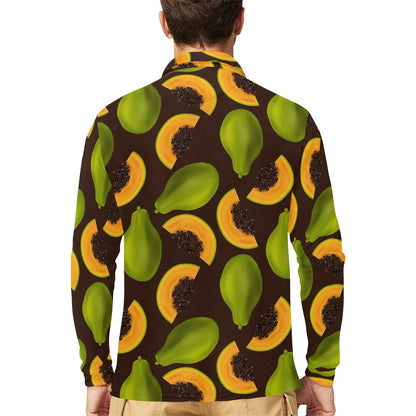 Papaya Pattern Print Design PP04 Long Sleeve Polo Shirt For Men's