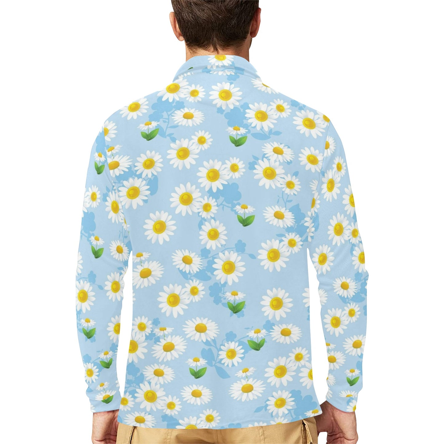 Daisy Pattern Print Design DS010 Long Sleeve Polo Shirt For Men's