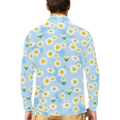 Daisy Pattern Print Design DS010 Long Sleeve Polo Shirt For Men's