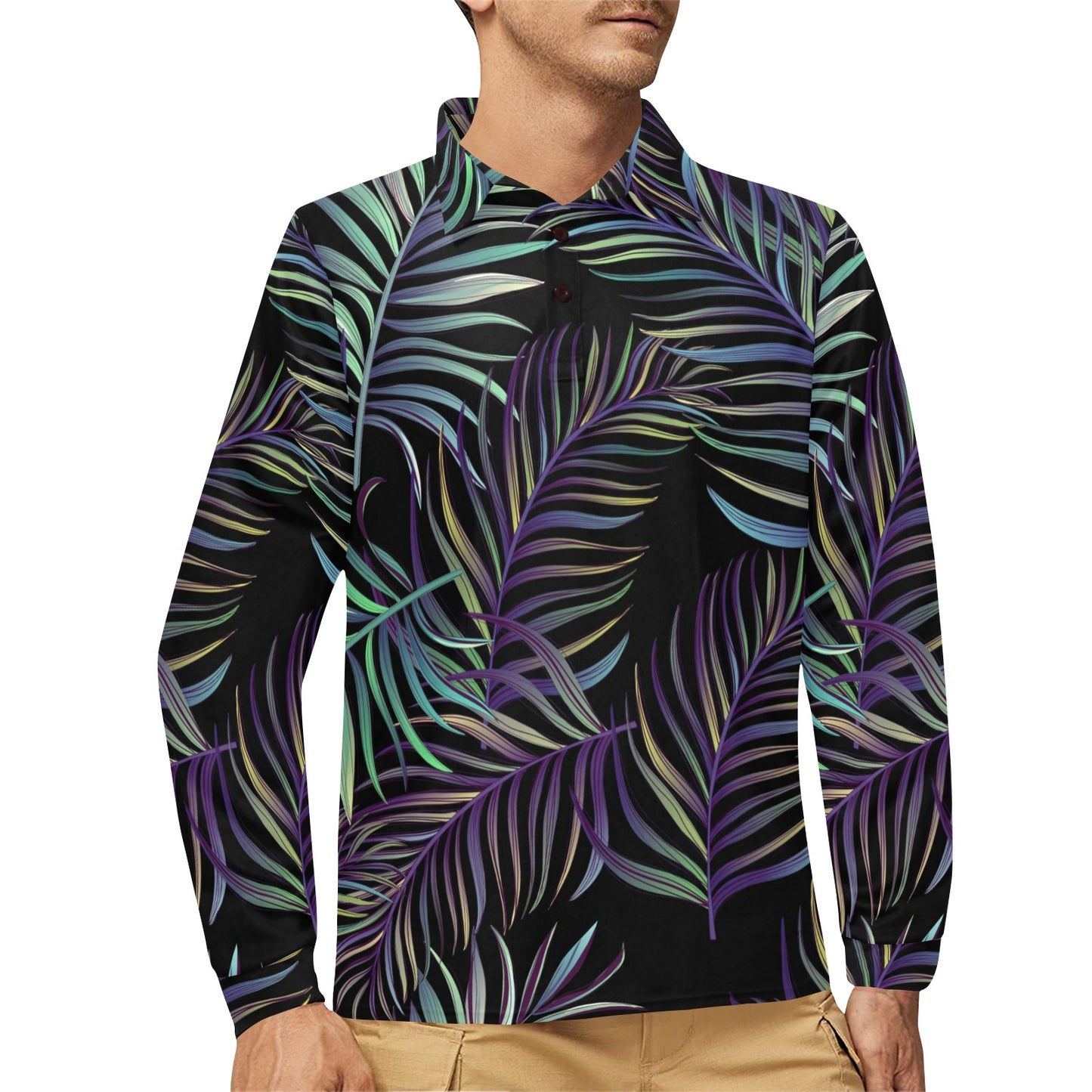 Tropical Palm Leaves Pattern Brightness Long Sleeve Polo Shirt For Men's