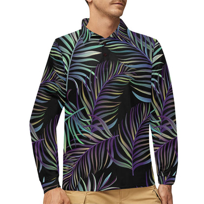 Tropical Palm Leaves Pattern Brightness Long Sleeve Polo Shirt For Men's